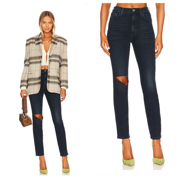 NWT 7 For All Mankind Easy Slim Dark Distressed with Open Knee Jeans, Size 28 - Picture 1 of 13